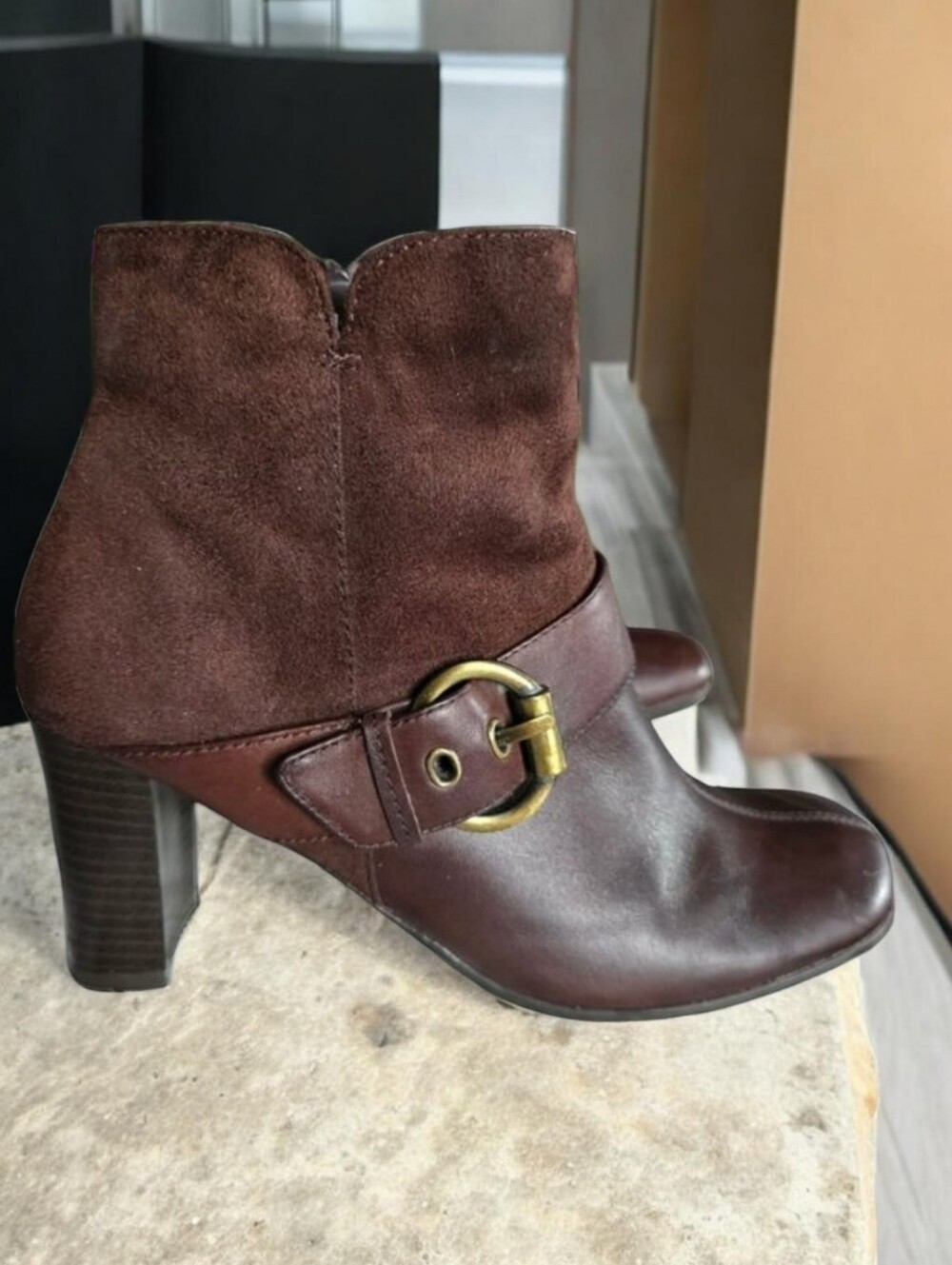 BARE TRAPS ( 7.5 ) "Talania" Brown Suede Leather Ankle Block Heel Side Zip Boots
